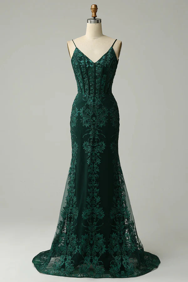 Mermaid Spaghetti Straps Peacock Green Prom Dress with Appliques Simple gentle atmospheric and unique design