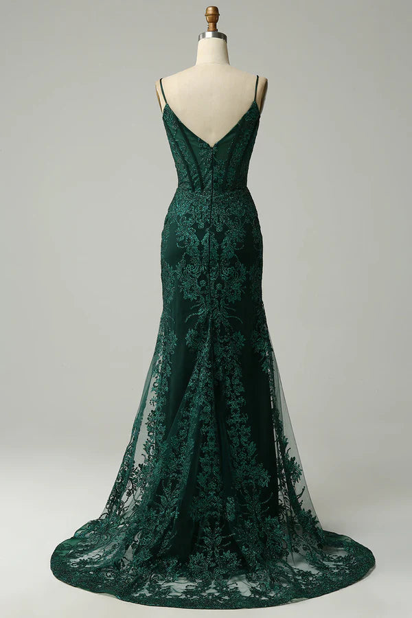 Mermaid Spaghetti Straps Peacock Green Prom Dress with Appliques Simple gentle atmospheric and unique design