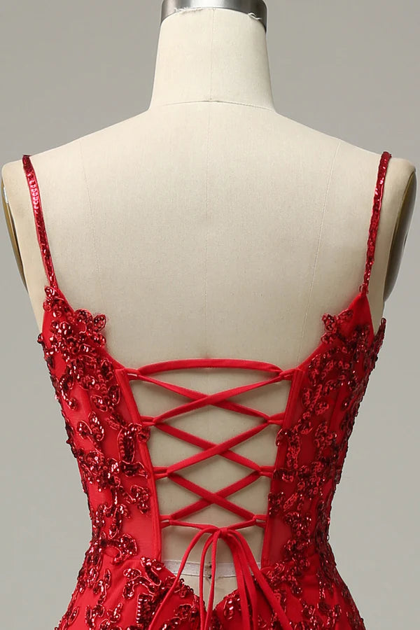 Mermaid Spaghetti Straps Red Sequins Long Prom Dress with Split Front Simple gentle atmospheric and unique design ﻿