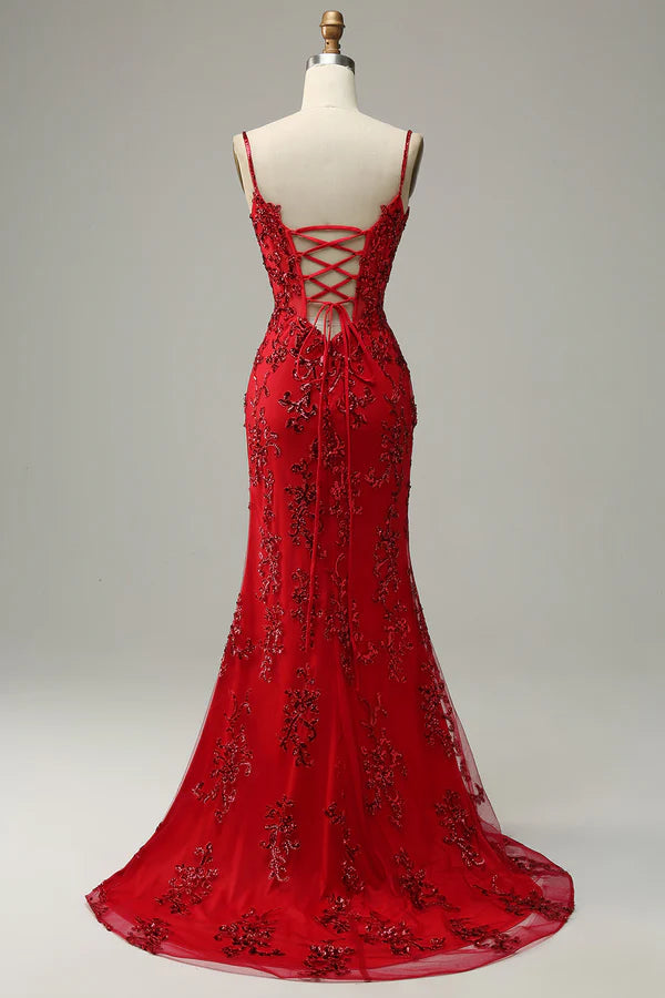 Mermaid Spaghetti Straps Red Sequins Long Prom Dress with Split Front Simple gentle atmospheric and unique design ﻿