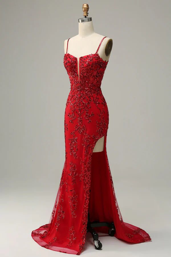 Mermaid Spaghetti Straps Red Sequins Long Prom Dress with Split Front Simple gentle atmospheric and unique design ﻿