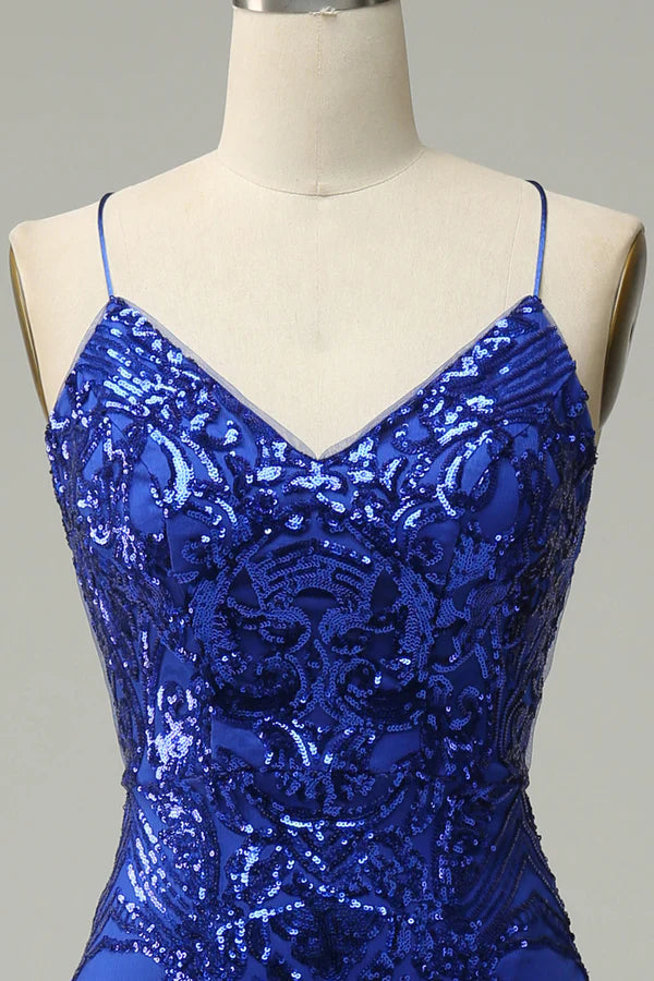 Mermaid Spaghetti Straps Royal Blue Sequins Long Prom Dress with Criss Cross Back Simple gentle atmospheric and unique design