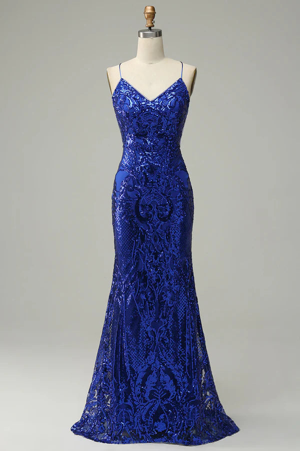 Mermaid Spaghetti Straps Royal Blue Sequins Long Prom Dress with Criss Cross Back Simple gentle atmospheric and unique design