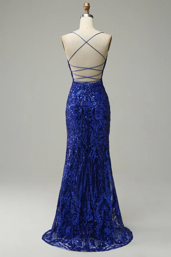 Mermaid Spaghetti Straps Royal Blue Sequins Long Prom Dress with Criss Cross Back Simple gentle atmospheric and unique design