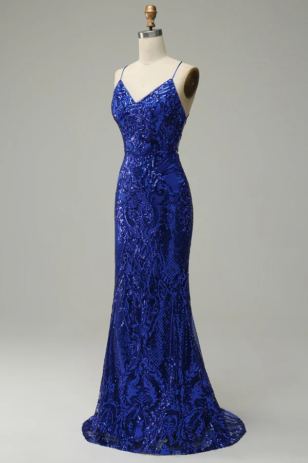 Mermaid Spaghetti Straps Royal Blue Sequins Long Prom Dress with Criss Cross Back Simple gentle atmospheric and unique design