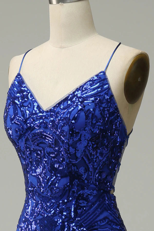Mermaid Spaghetti Straps Royal Blue Sequins Long Prom Dress with Criss Cross Back Simple gentle atmospheric and unique design