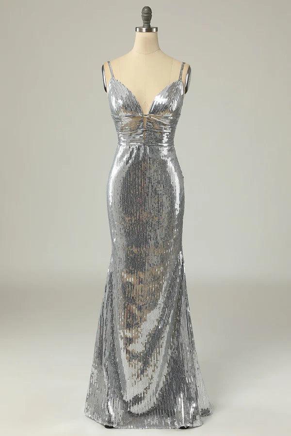 Mermaid Spaghetti Straps Silver Sequins Long Prom Dress Backless Simple gentle atmospheric and unique design ﻿