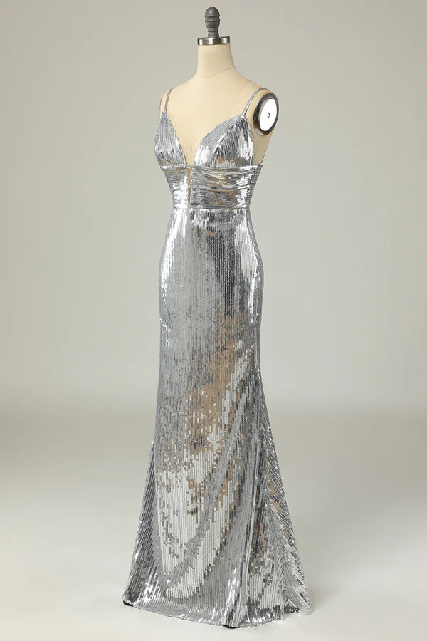 Mermaid Spaghetti Straps Silver Sequins Long Prom Dress Backless Simple gentle atmospheric and unique design ﻿