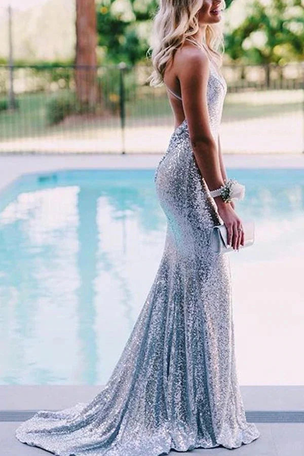 Mermaid Sparkly Sequins Long Prom Dress Backless Evening Dress simple gentle atmospheric and unique desi Bring summer colors to enhance whiteness