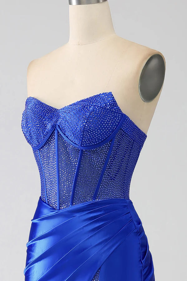 Mermaid Strapless Royal Blue Corset Prom Dress with Beading simple gentle atmospheric and unique desig
