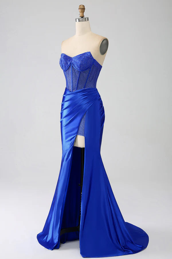 Mermaid Strapless Royal Blue Corset Prom Dress with Beading simple gentle atmospheric and unique desig