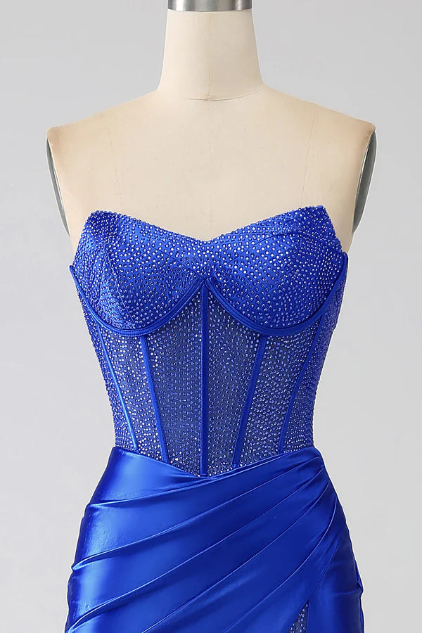 Mermaid Strapless Royal Blue Corset Prom Dress with Beading simple gentle atmospheric and unique desig
