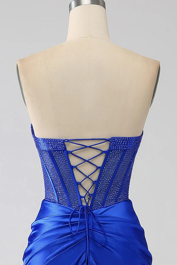 Mermaid Strapless Royal Blue Corset Prom Dress with Beading simple gentle atmospheric and unique desig