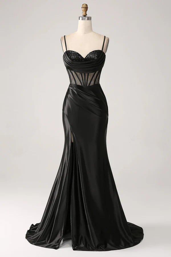 Mermaid Sweetheart Black Satin Long Prom Dress With Beading simple gentle atmospheric and unique desi
