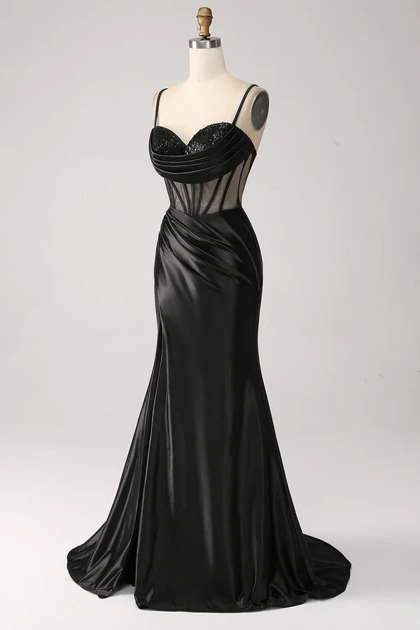 Mermaid Sweetheart Black Satin Long Prom Dress With Beading simple gentle atmospheric and unique desi