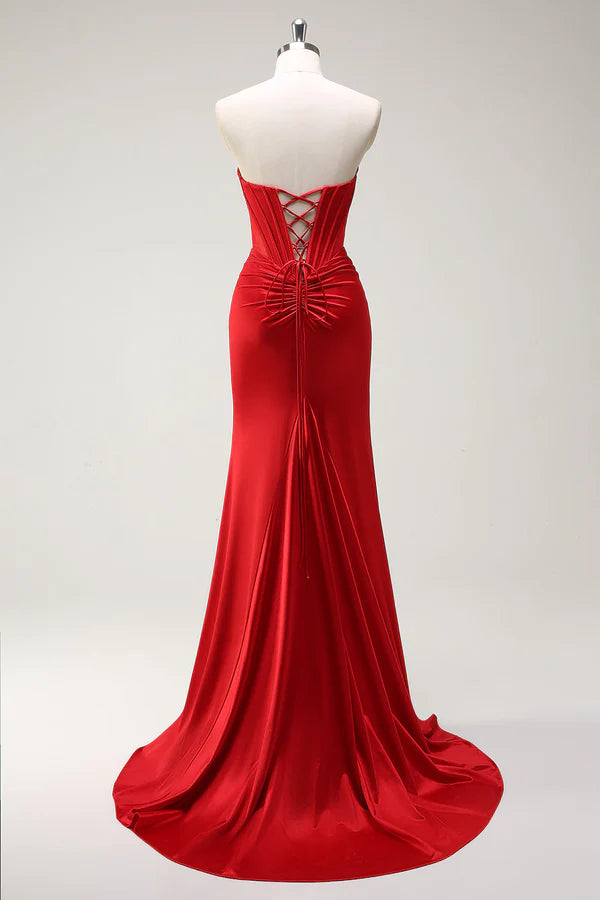 Mermaid Sweetheart Red Corset Long Prom Dress with Slit simple gentle atmospheric and unique desi Bring summer colors to enhance whiteness