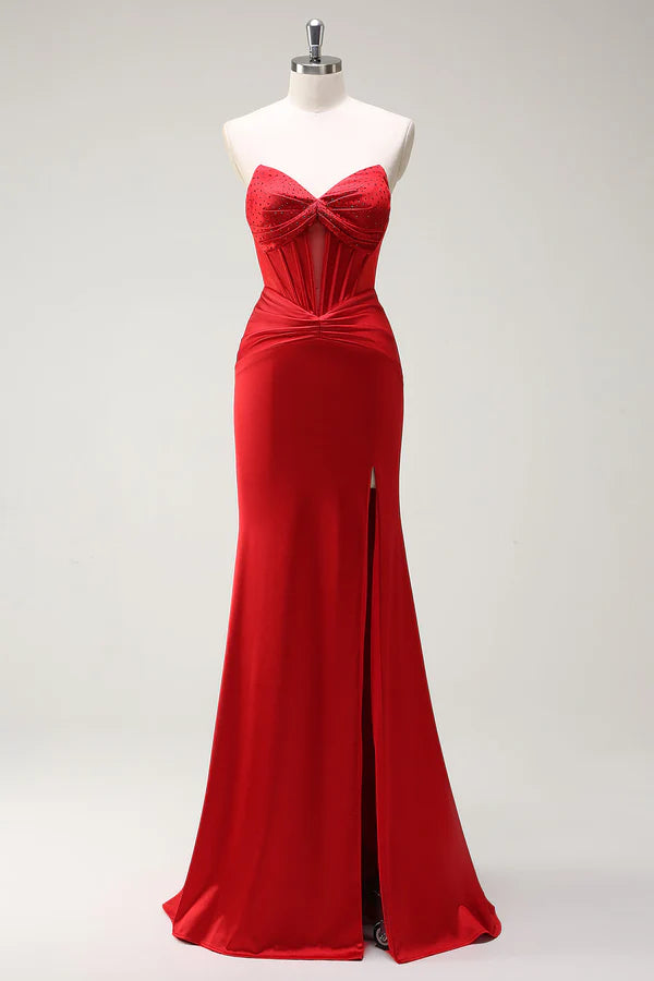 Mermaid Sweetheart Red Corset Long Prom Dress with Slit simple gentle atmospheric and unique desi Bring summer colors to enhance whiteness