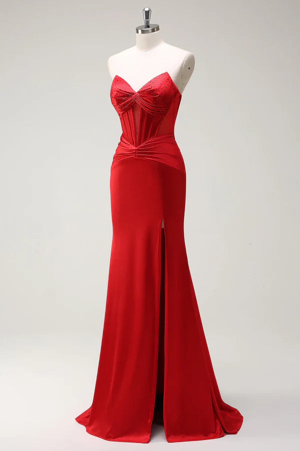 Mermaid Sweetheart Red Corset Long Prom Dress with Slit simple gentle atmospheric and unique desi Bring summer colors to enhance whiteness