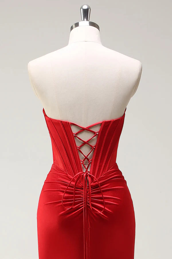 Mermaid Sweetheart Red Corset Long Prom Dress with Slit simple gentle atmospheric and unique desi Bring summer colors to enhance whiteness
