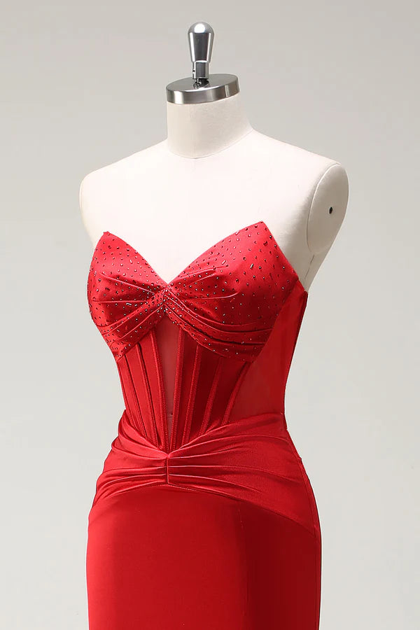Mermaid Sweetheart Red Corset Long Prom Dress with Slit simple gentle atmospheric and unique desi Bring summer colors to enhance whiteness
