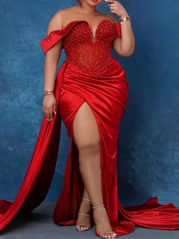 Mermaid Sweetheart Sleeveless Sweep Train High Split Evening Dresses simple gentle atmospheric and unique desi Bring summer colors to enhance whiteness