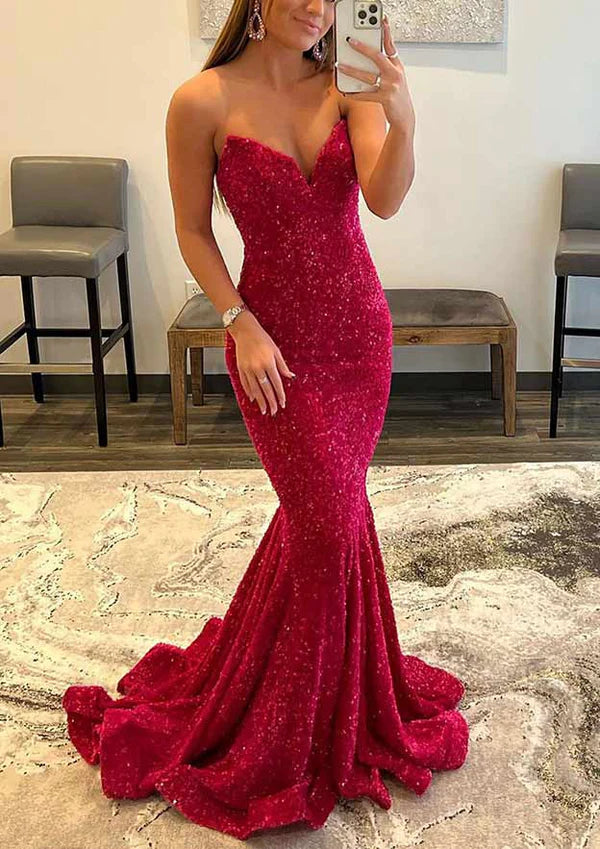 Mermaid Sweetheart Strapless Velvet Sequins Prom Dress/Evening Dress Simple gentle atmospheric and unique design