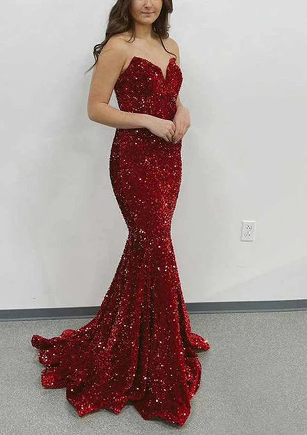 Mermaid Sweetheart Strapless Velvet Sequins Prom Dress/Evening Dress Simple gentle atmospheric and unique design