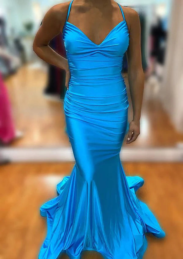 Mermaid V-Neck Sleeveless Sweep Train Jersey Prom Dress/Evening Dress with Pleated Trumpet Simple gentle atmospheric and unique design
