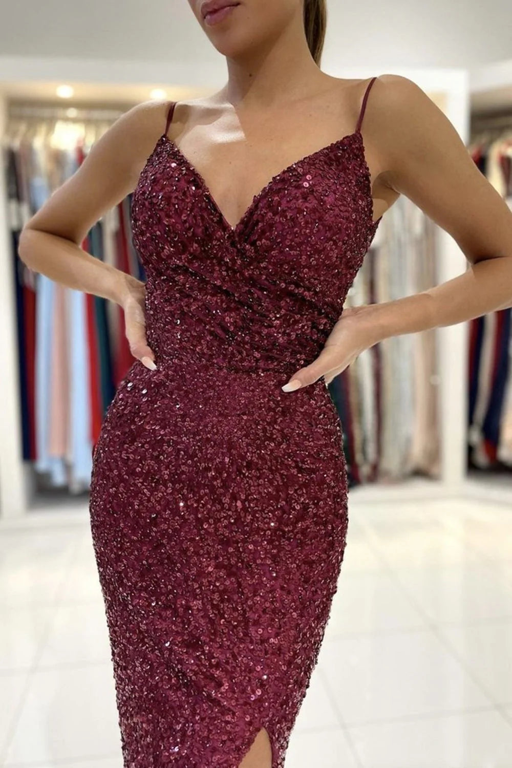 Mermaid V Neck Burgundy Sequins Long Prom Dress with High Slit Sexy Formal Dress Maroon Evening Dresses simple gentle atmospheric and unique desi Bring summer colors to enhance whiteness
