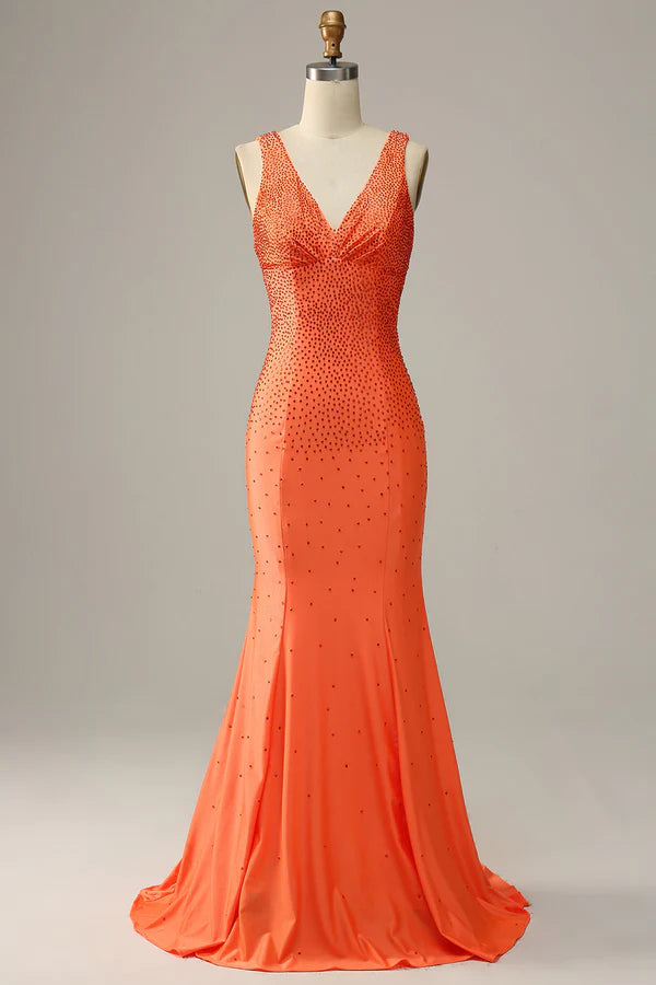 Mermaid V Neck Orange Long Prom Dress with Beading Simple gentle atmospheric and unique design ﻿