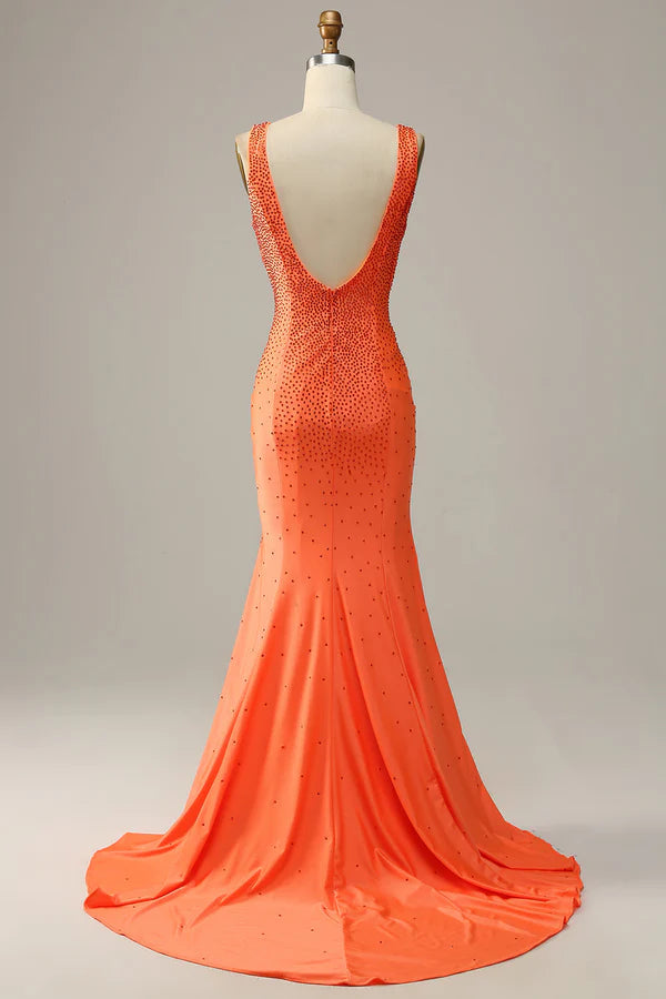 Mermaid V Neck Orange Long Prom Dress with Beading Simple gentle atmospheric and unique design ﻿