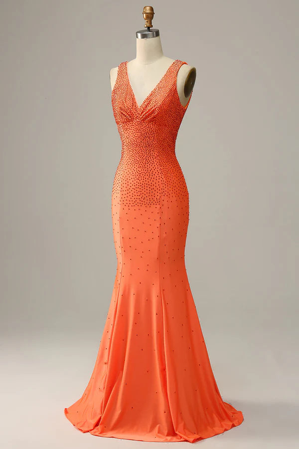 Mermaid V Neck Orange Long Prom Dress with Beading Simple gentle atmospheric and unique design ﻿