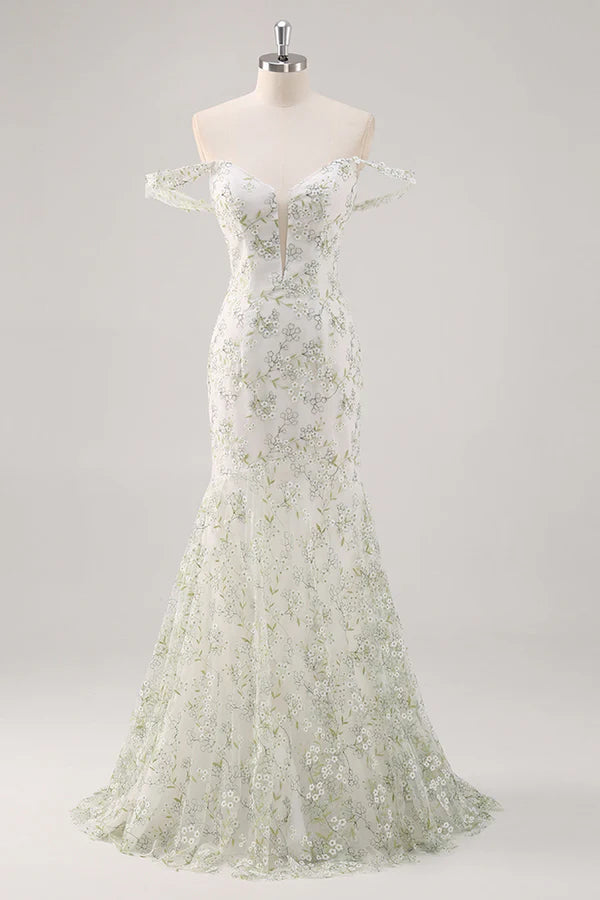 Mermaid White Green Flower Off The Shoulder Long Prom Dress simple gentle atmospheric and unique desi Bring summer colors to enhance whiteness