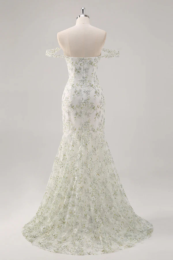 Mermaid White Green Flower Off The Shoulder Long Prom Dress simple gentle atmospheric and unique desi Bring summer colors to enhance whiteness