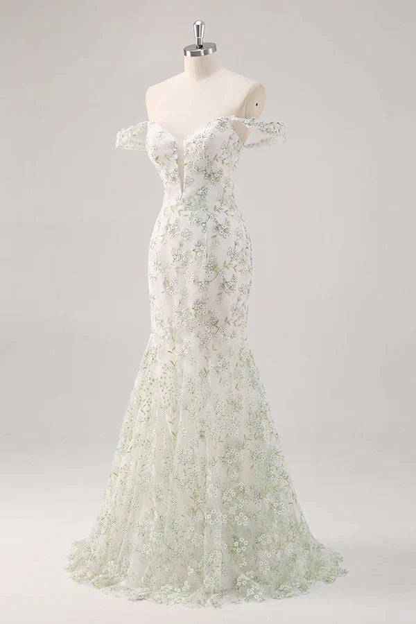 Mermaid White Green Flower Off The Shoulder Long Prom Dress simple gentle atmospheric and unique desi Bring summer colors to enhance whiteness