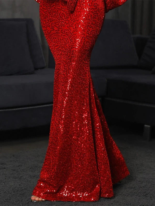 Mermaid Floor Length Long Sleeve V Neck Prom Dress Sequined with Bow(s) Sequin simple gentle atmospheric and unique desi Bring summer colors to enhance whiteness