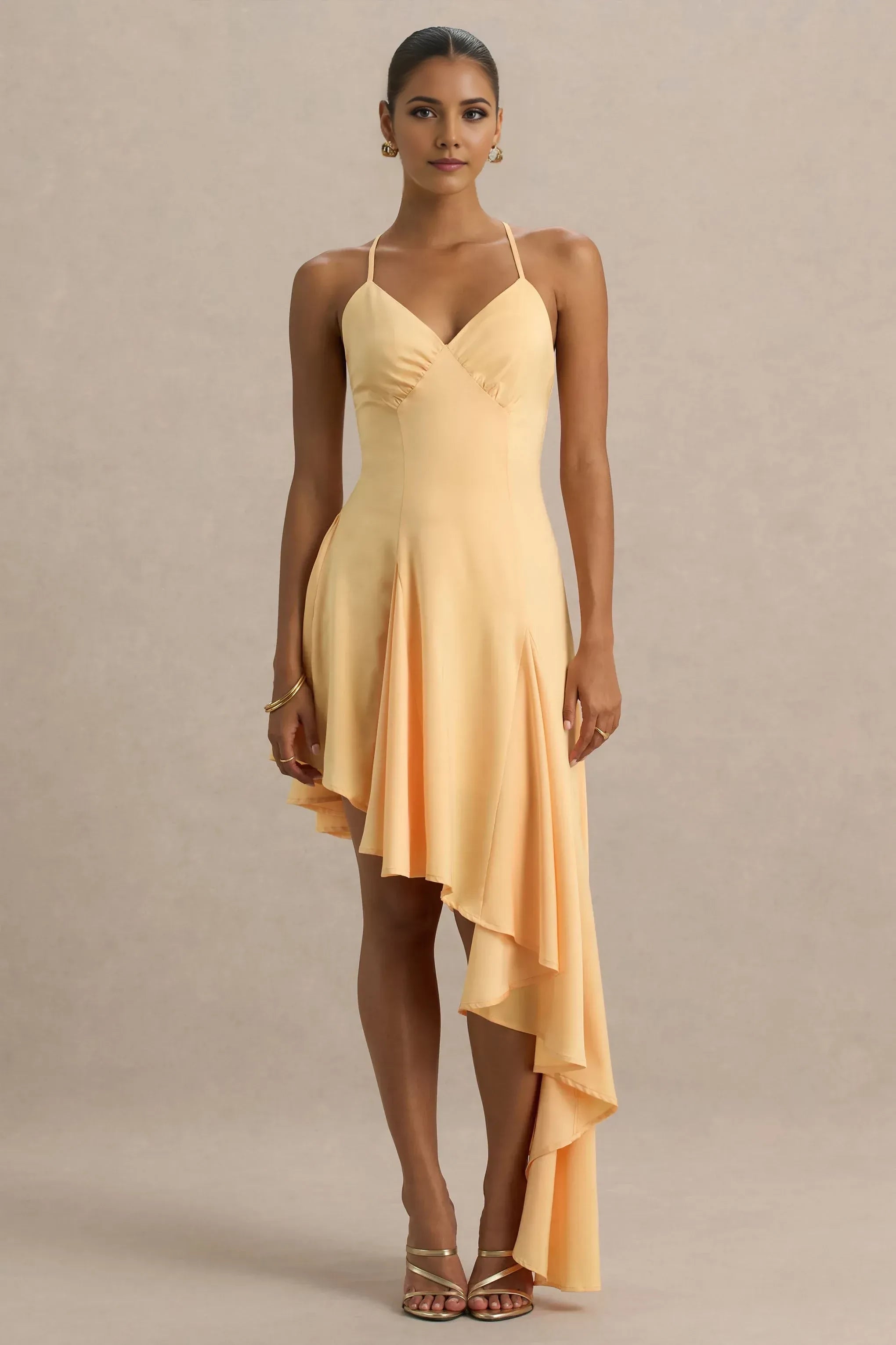 Mesmerizing Fit Flare V Neck Spaghetti Strap Open Back Asymmetric Floor Length Prom Dress