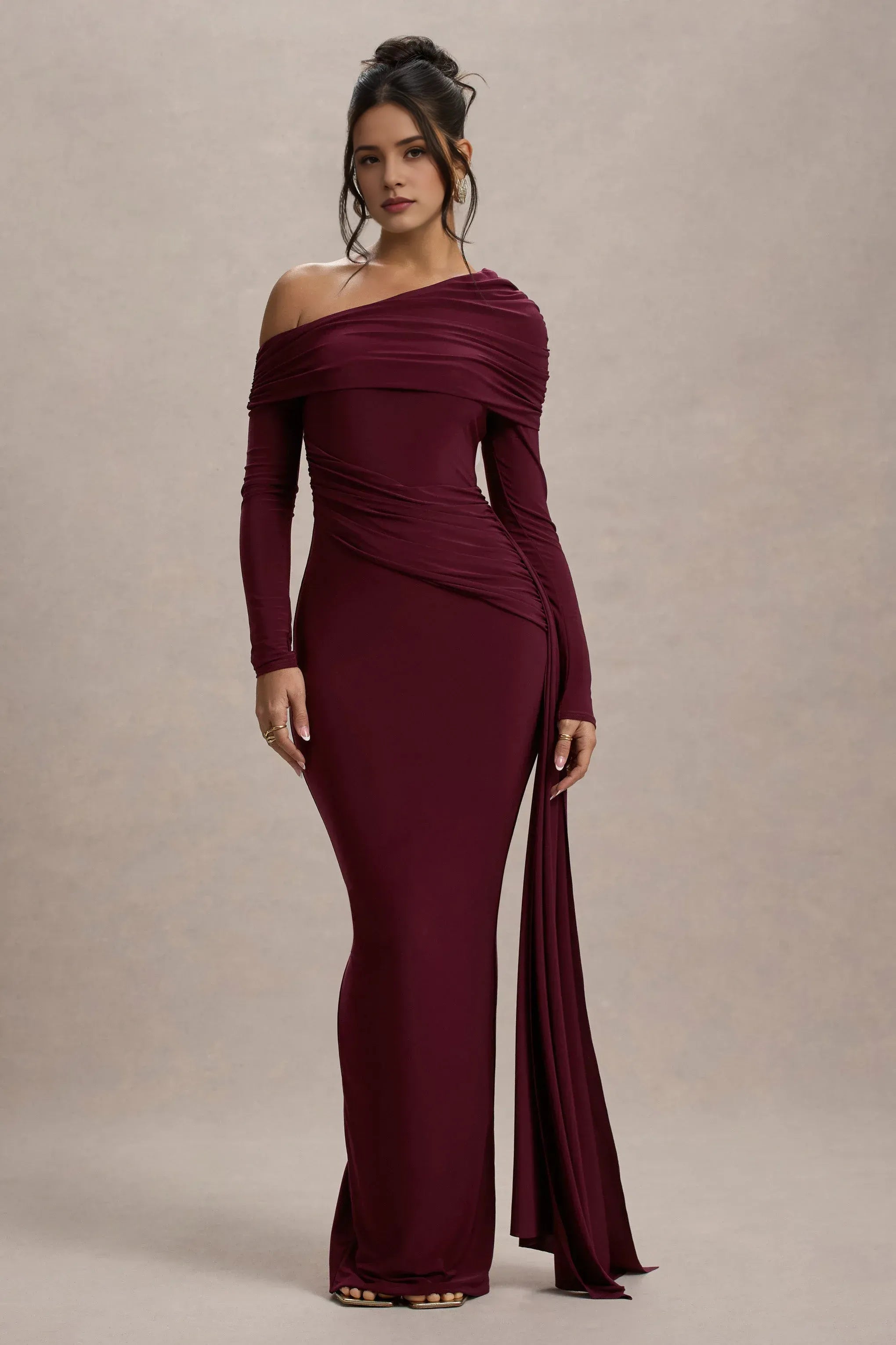 Mesmerizing Mermaid One Shoulder Long Sleeve Draped Back Floor Length Prom Dress