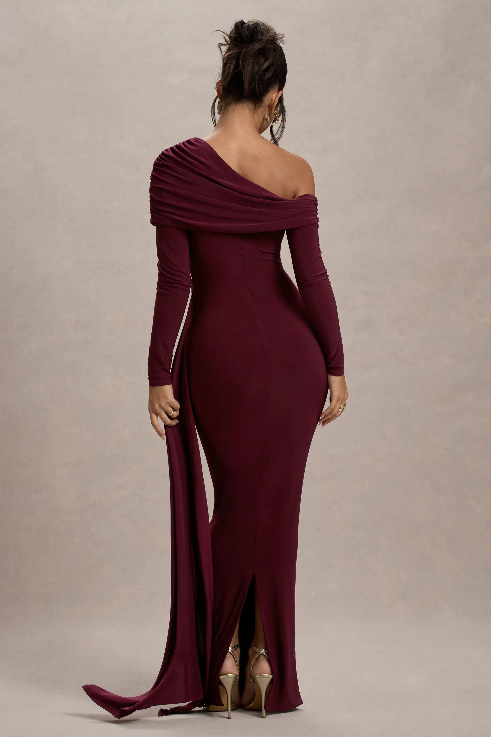 Mesmerizing Mermaid One Shoulder Long Sleeve Draped Back Floor Length Prom Dress