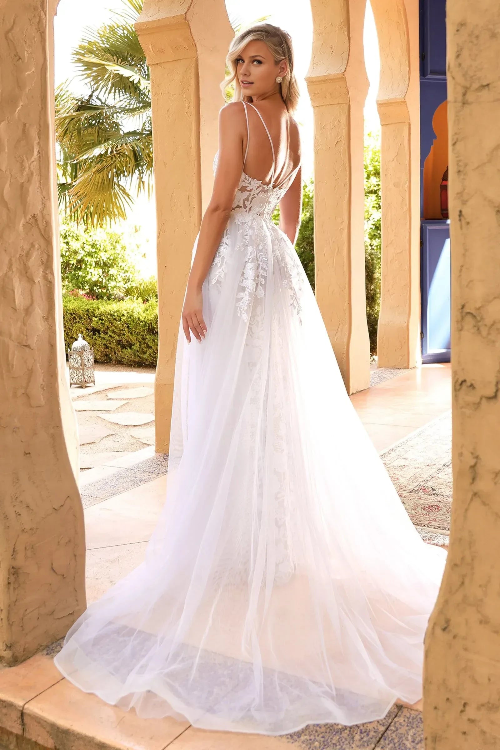 Mesmerizing Trumpet Plunging V Neck Sleeveless Open Back Floor Length Wedding Dress