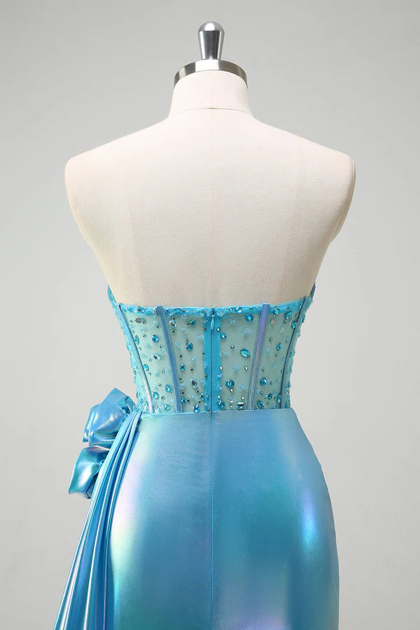 Metallic Blue Mermaid Strapless Corset Flowers Beaded Long Prom Dress with Slit simple gentle atmospheric and unique desi