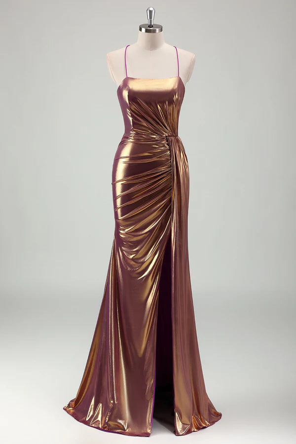 Metallic Gold Mermaid Spaghetti Straps Ruched Long Prom Dress with Slit simple gentle atmospheric and unique desi