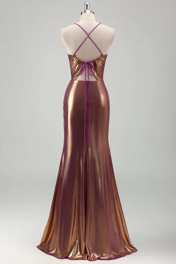 Metallic Gold Mermaid Spaghetti Straps Ruched Long Prom Dress with Slit simple gentle atmospheric and unique desi