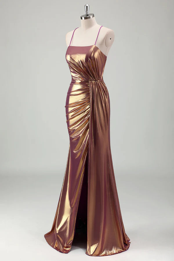 Metallic Gold Mermaid Spaghetti Straps Ruched Long Prom Dress with Slit simple gentle atmospheric and unique desi