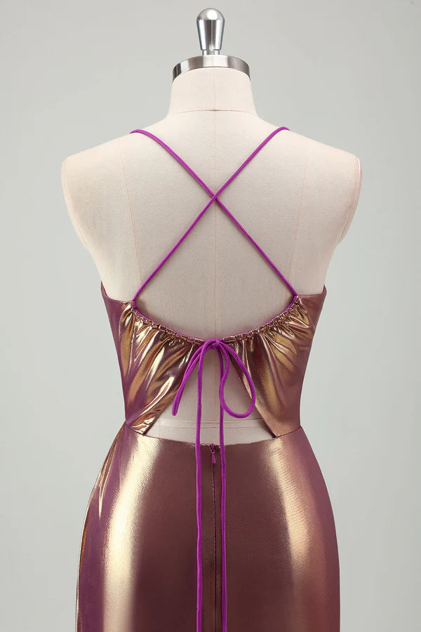 Metallic Gold Mermaid Spaghetti Straps Ruched Long Prom Dress with Slit simple gentle atmospheric and unique desi