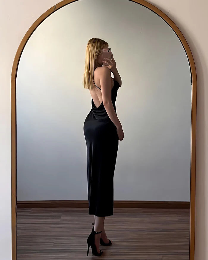 Minimalist Black Spaghetti Strap Satin Sleeveless Backless Prom Dress Simple gentle atmospheric and unique design