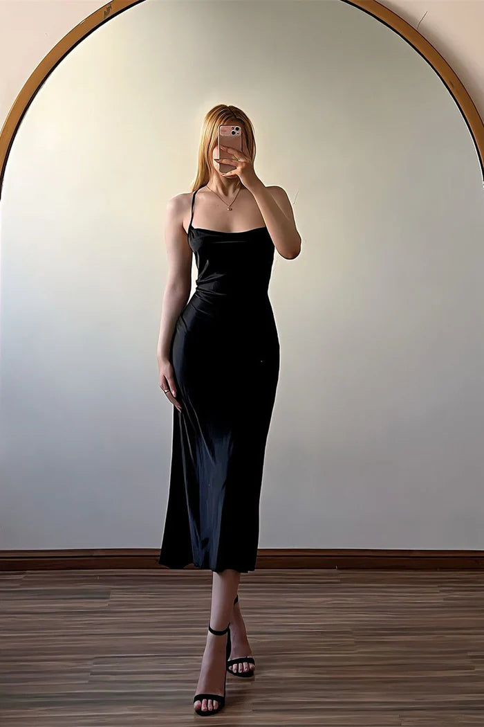 Minimalist Black Spaghetti Strap Satin Sleeveless Backless Prom Dress Simple gentle atmospheric and unique design