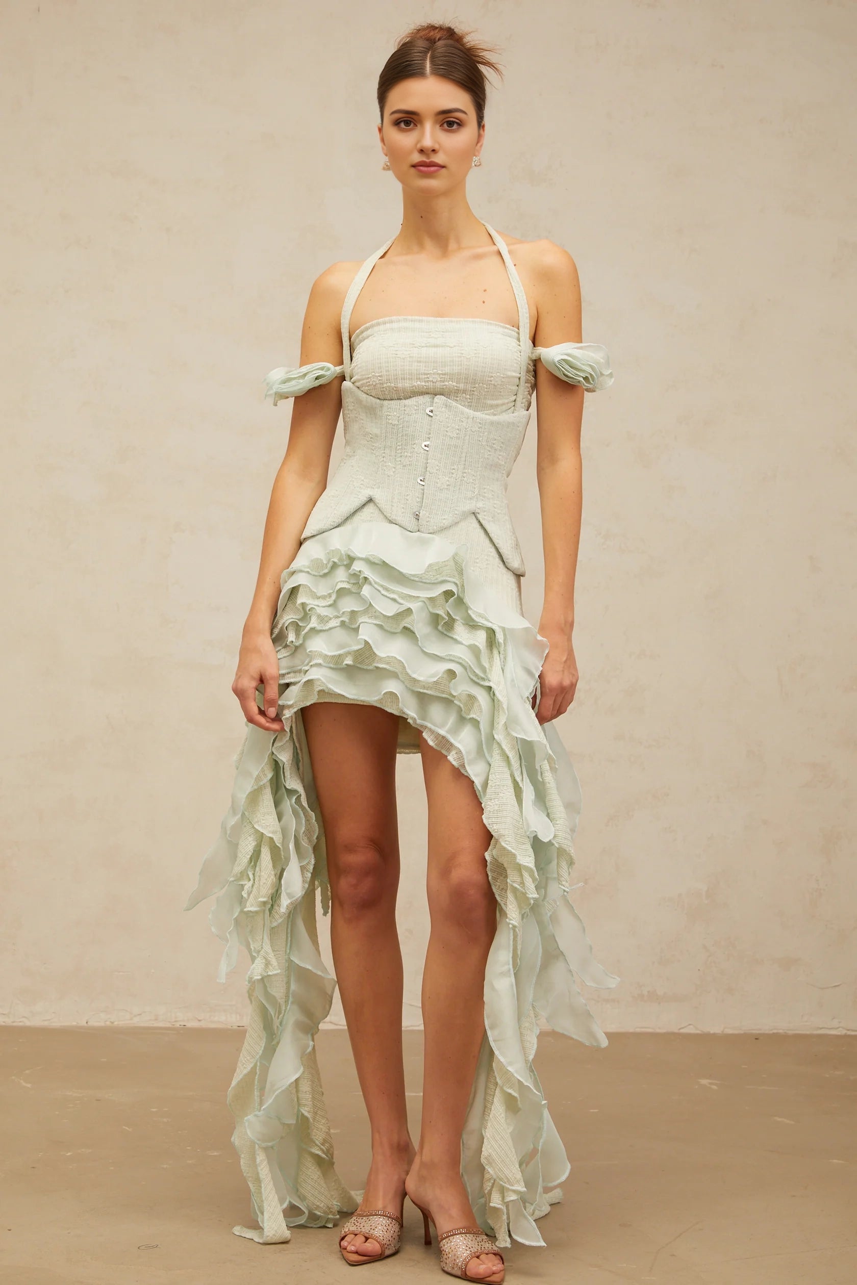 Mint Green Halter Neck Ruffled High - Low Dress green floral-appliqué asymmetrical ruffled mini dress Evening Dress