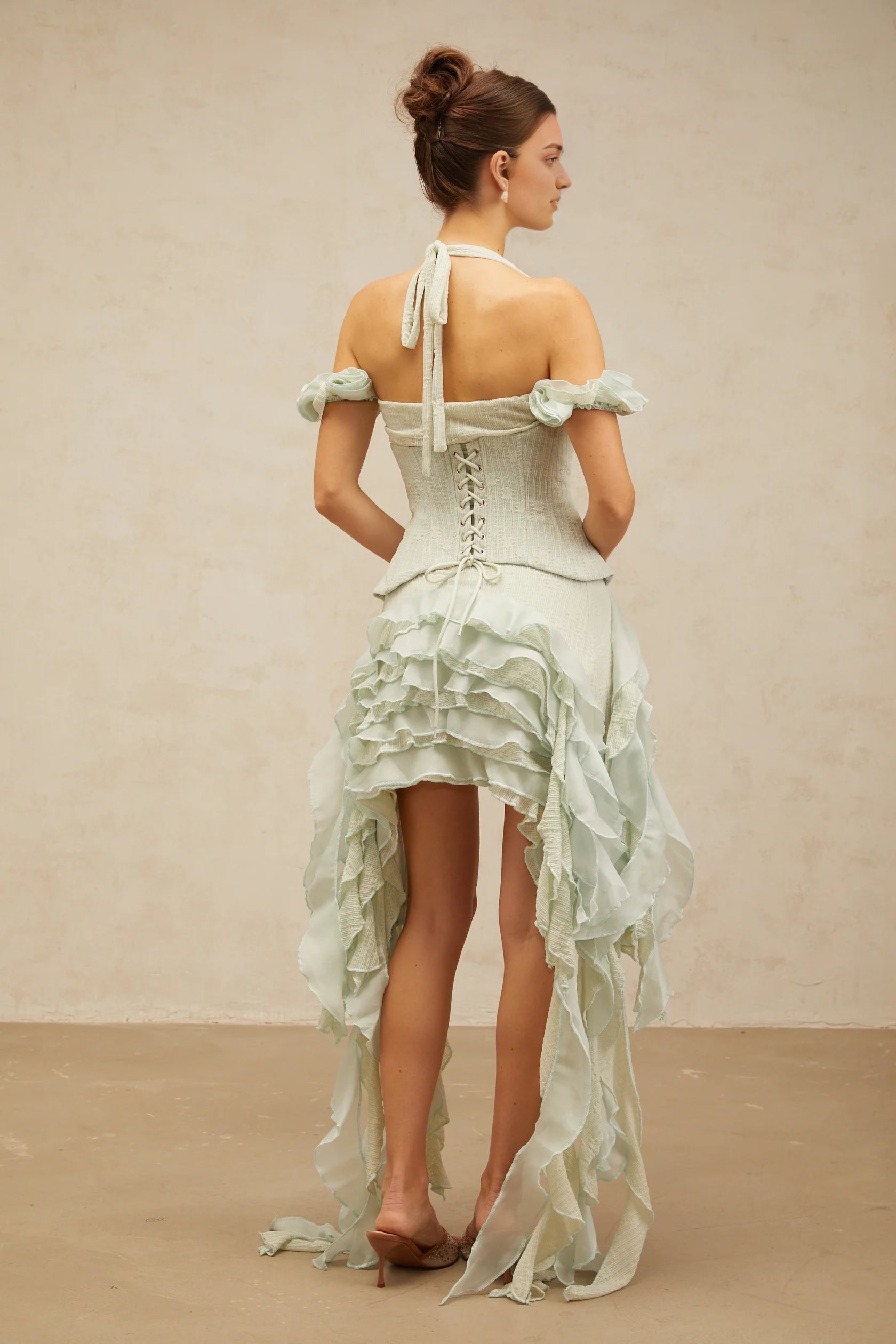 Mint Green Halter Neck Ruffled High - Low Dress green floral-appliqué asymmetrical ruffled mini dress Evening Dress