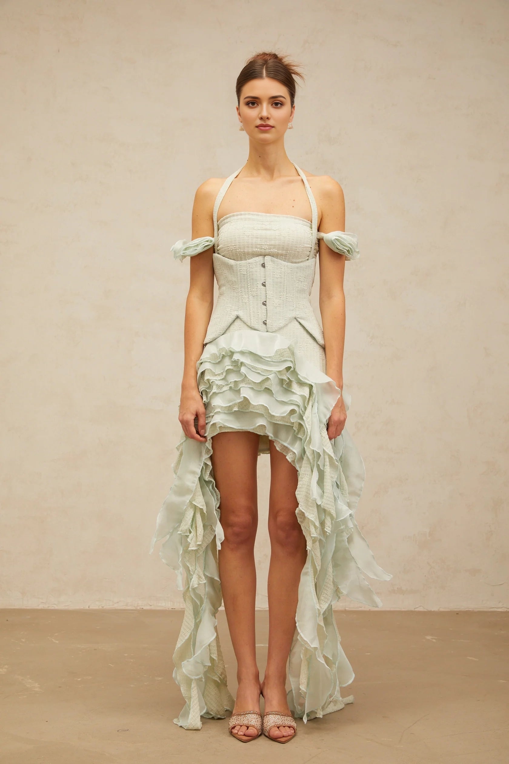 Mint Green Halter Neck Ruffled High - Low Dress green floral-appliqué asymmetrical ruffled mini dress Evening Dress